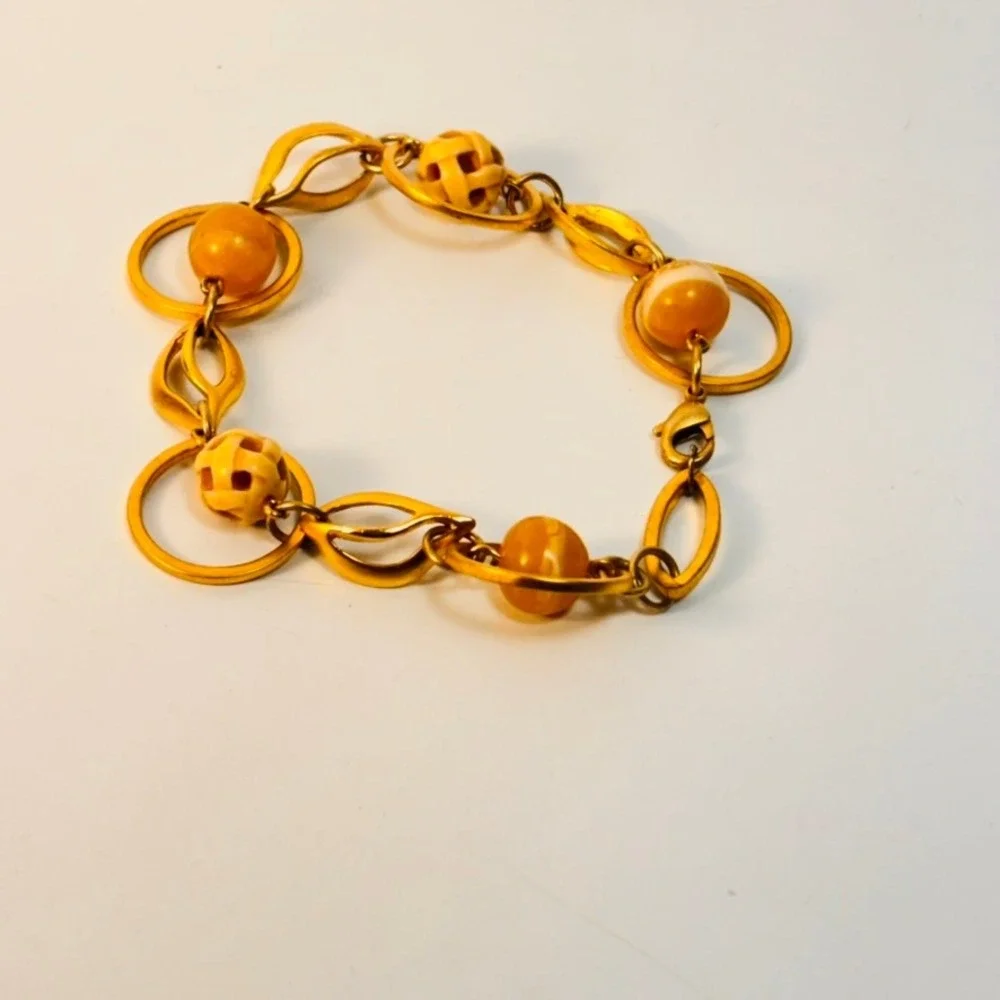 Vintage Link Bracelet Gold Yellow Marbled Bead Boho Chic Minimalist 90s